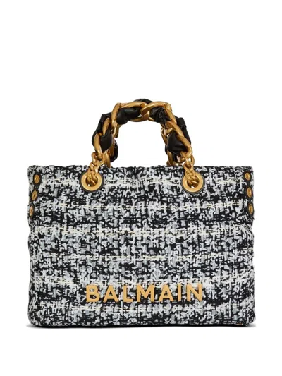 Balmain Small Soft 1945 Tote Bag In Tweed In Black