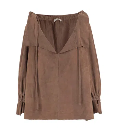 By Malene Birger Ruffled V-neck Suede Blouse With Drawstring Closure In Brown