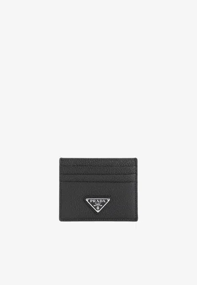 Prada Triangle Logo Leather Cardholder In Black