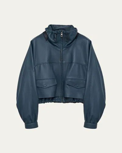 Loewe Double Layered Leather Zip Jacket In Blue