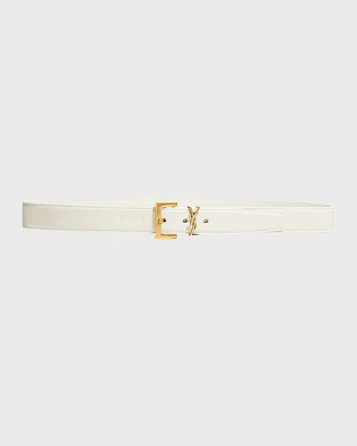 Saint Laurent Cassandre Leather Belt With Monogram Loop In White