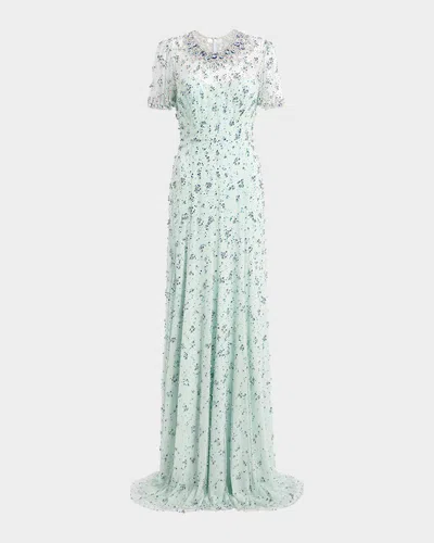 Jenny Packham Ambiance Embellished Flutter-sleeve Trumpet Gown In Blue