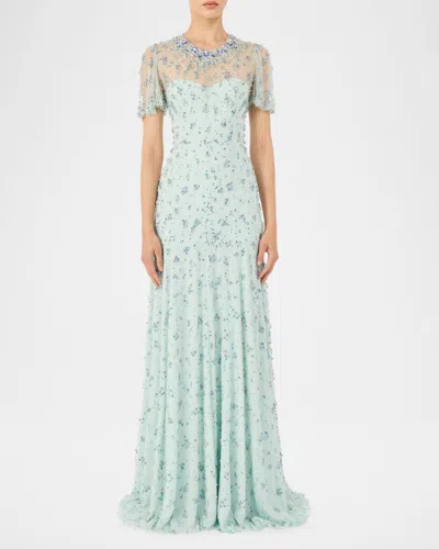 Jenny Packham Ambiance Embellished Flutter-sleeve Trumpet Gown In Blue
