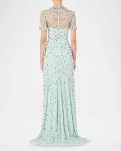 Jenny Packham Ambiance Embellished Flutter-sleeve Trumpet Gown In Blue