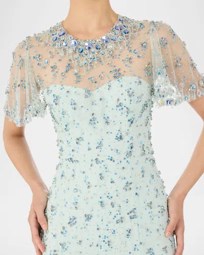 Jenny Packham Ambiance Embellished Flutter-sleeve Trumpet Gown In Blue