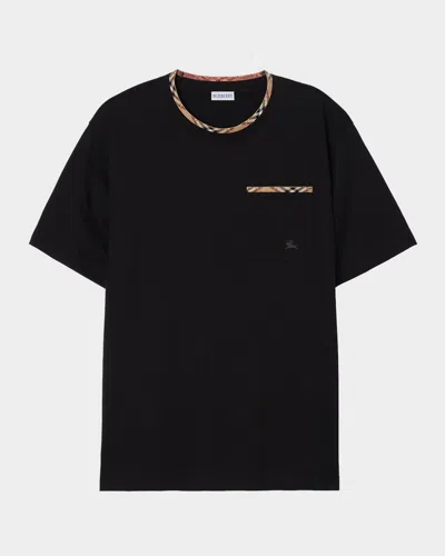 Burberry Cotton Logo T-shirt With Checkered Trim And Chest Pocket In Black
