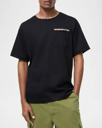 Burberry Cotton Logo T-shirt With Checkered Trim And Chest Pocket In Black
