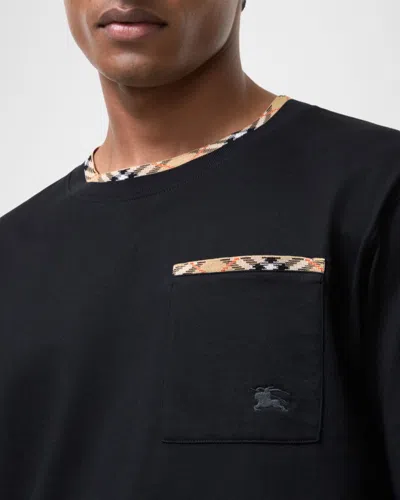 Burberry Cotton Logo T-shirt With Checkered Trim And Chest Pocket In Black