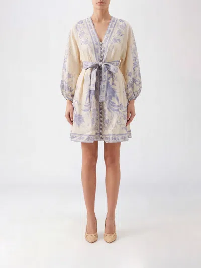 Zimmermann Womens Indra Plunge Linen Mini Dress Cream Lilac Floral In Neutral