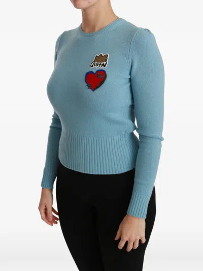 Dolce & Gabbana Wool Sweater Heart And Crown Embroidery In Blue
