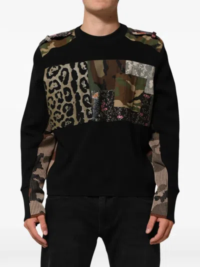 Dolce & Gabbana Black Patchwork Crew Neck Pullover Sweater In Black