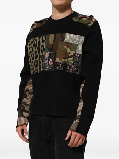 Dolce & Gabbana Black Patchwork Crew Neck Pullover Sweater In Black