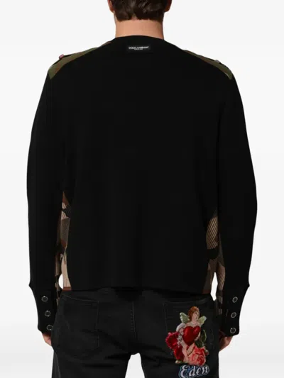 Dolce & Gabbana Black Patchwork Crew Neck Pullover Sweater In Black
