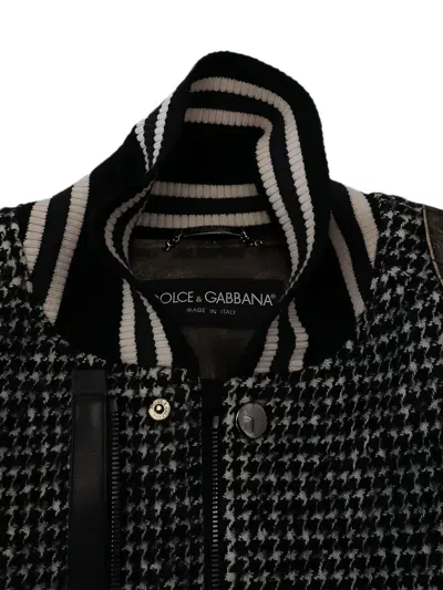 Dolce & Gabbana Houndstooth-pattern Distressed Bomber Jacket In Black