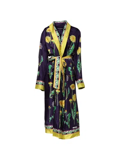 Dolce & Gabbana Floral Silk Long Sleeve Lounge Robe In Purple