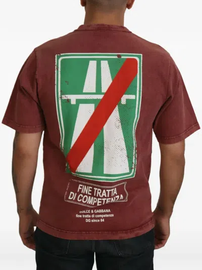 Dolce & Gabbana Maroon Print Round Neck Short Sleeve T-shirt In Red