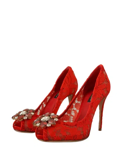 Dolce & Gabbana Taormina Lace Crystal-embellished Heeled Pumps In Red