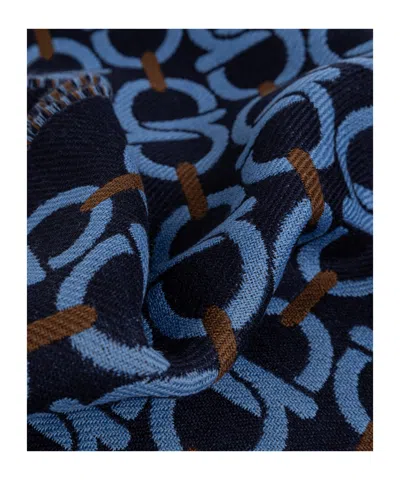 Ferragamo Wool Hook Pattern Fringed Scarf In Blue