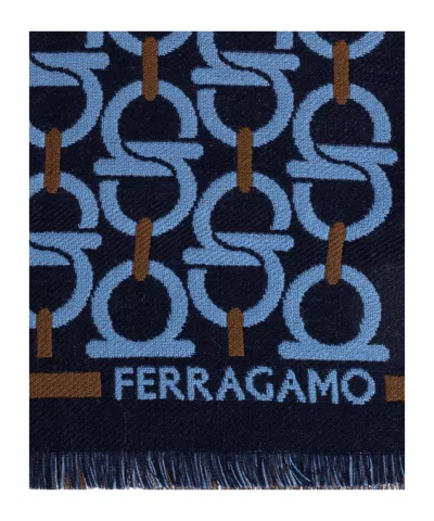 Ferragamo Wool Hook Pattern Fringed Scarf In Blue
