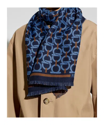 Ferragamo Wool Hook Pattern Fringed Scarf In Blue