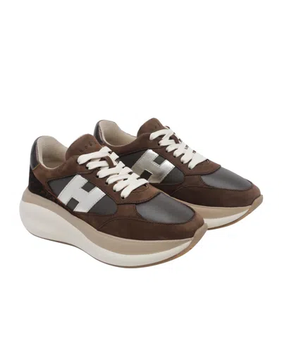 Hogan Maxi Active Lace Up Leather Sneakers In Brown