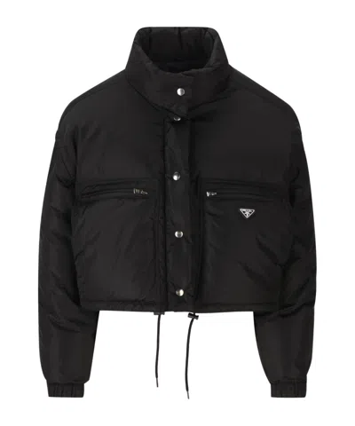 Prada Re-nylon Cropped Down Jacket In Black
