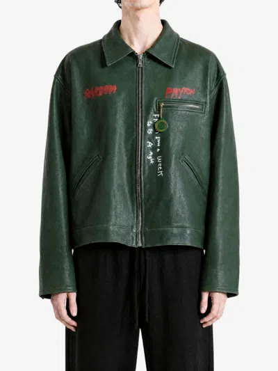 Paly Hollywood Oversized Drop-shoulder Leather Work Jacket In Green