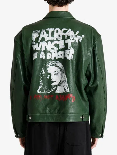 Paly Hollywood Oversized Drop-shoulder Leather Work Jacket In Green