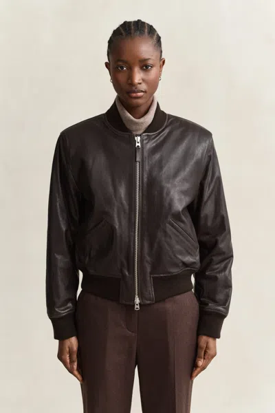 Gant Leather Bomber Jacket In Brown