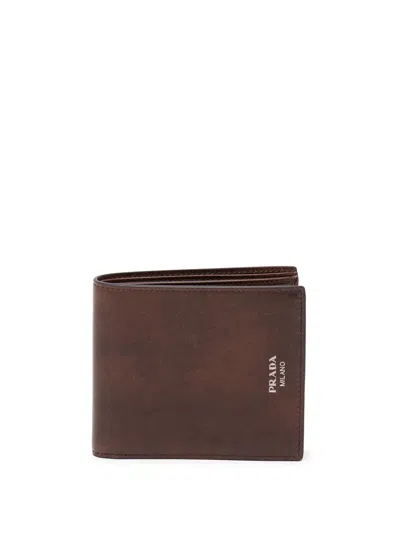 Prada Antiqued Leather Wallet In Brown