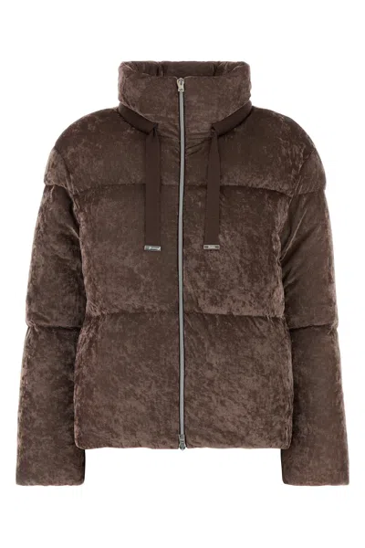 Herno Stretch Velvet Down Jacket Drawstring Collar In Brown
