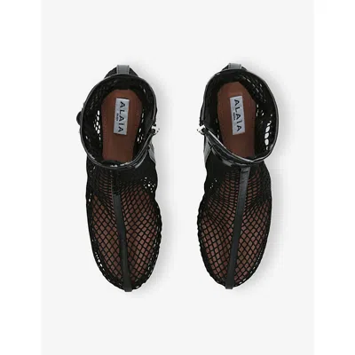 Alaïa Fishnet Patent Leather-trimmed Ankle Boots In Black