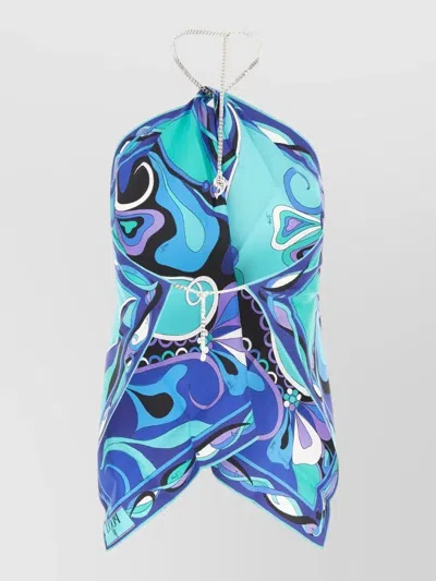 Pucci Silk Top Abstract Pattern Chain Strap Halterneck In Blue