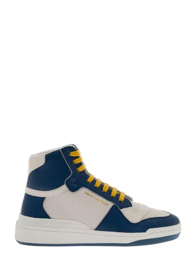 Saint Laurent Sl24 Medium Blue Leather Sneakers In White