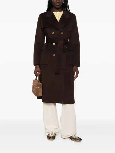 Sandro Belted Double-breasted Coat In Brown