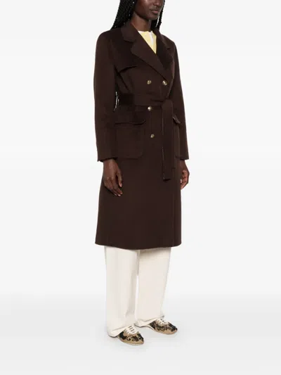 Sandro Belted Double-breasted Coat In Brown