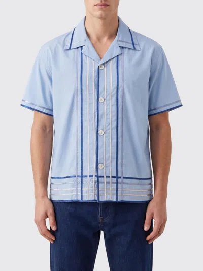 Bode Striped Cotton Bowling Shirt With Cuban Collar And Short Sleeves In Blue