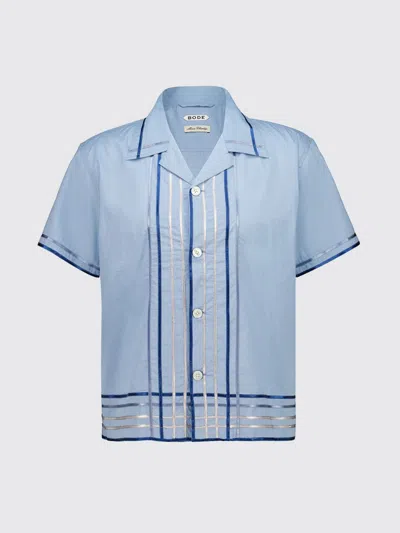 Bode Striped Cotton Bowling Shirt With Cuban Collar And Short Sleeves In Blue