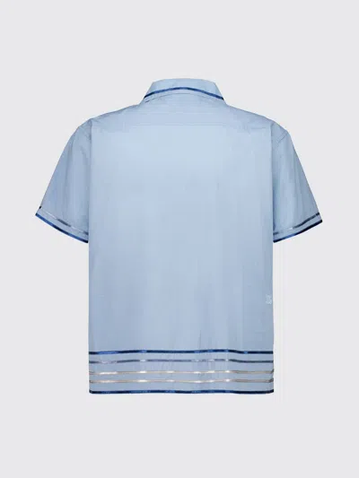 Bode Striped Cotton Bowling Shirt With Cuban Collar And Short Sleeves In Blue
