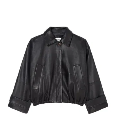 Rohe Leather Jacket Collared Neck Elasticated Hem In Black