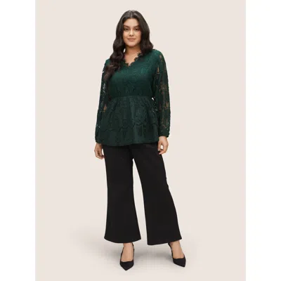 Bloomchic Solid Lace Patchwork Elastic Waist Blouse In Green