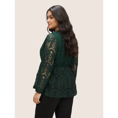 Bloomchic Solid Lace Patchwork Elastic Waist Blouse In Green