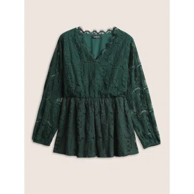 Bloomchic Solid Lace Patchwork Elastic Waist Blouse In Green