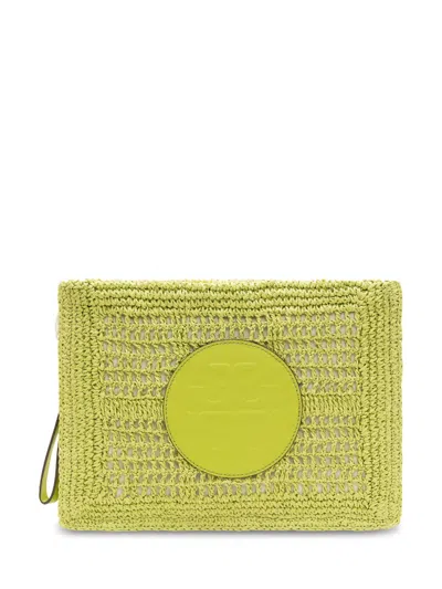 Tory Burch Hand Crocheted Raffia Rectangular Clutch Pouch In Green