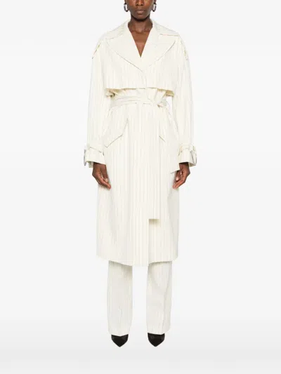 Dondup Pinstripe-pattern Belted Coat In White