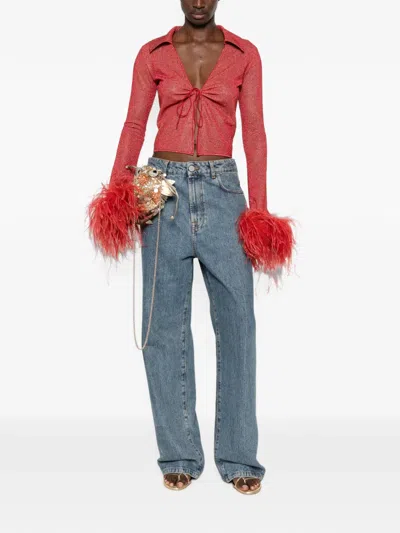 Oseree Feather-trimmed Metallic-thread Top In Red