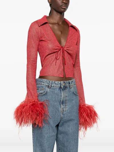 Oseree Feather-trimmed Metallic-thread Top In Red