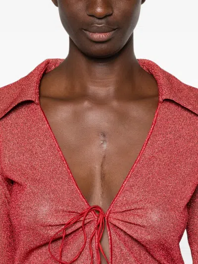 Oseree Feather-trimmed Metallic-thread Top In Red