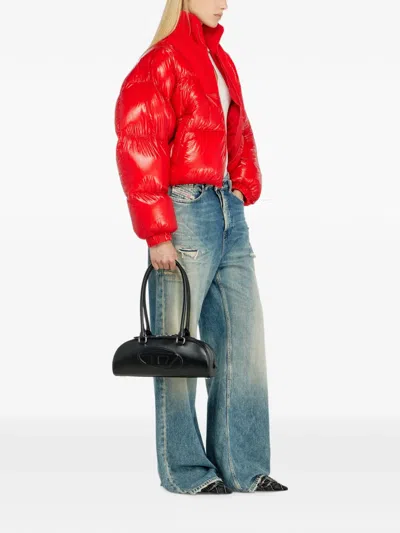 Diesel Down Puffer Jacket In Ripstop With Knitted Collar In Orange