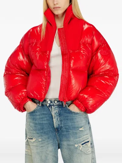 Diesel Down Puffer Jacket In Ripstop With Knitted Collar In Orange